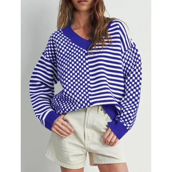 Women's Royal Blue Striped Checkered V Neck Casual Knit Trendy Pullover Sweaters - Picture 2 of 3